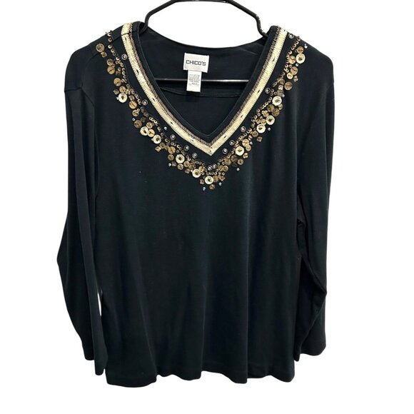 Chicos Womens Black Embellished V-Neck Long Sleeve Top Size XL - Picture 1 of 9